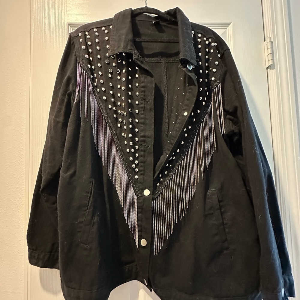 SHEIN Black Studded Fringe Jean Jacket